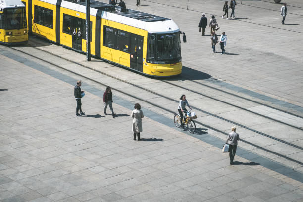 Berlin, Germany - may 11, 2017: Tramway /tram train /streetcar and people from above, outdoors at Alexanderplatz in Berlin, Germany