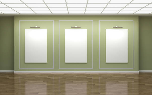 istock Front view of three large vertical posters on wall in a gallery. 3d illustration 683111406