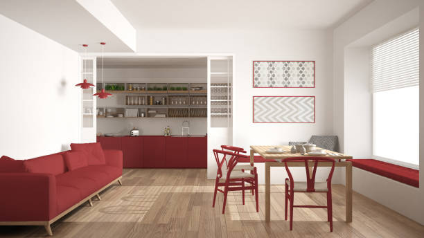 istock Minimalist kitchen and living room with sofa, table and chairs, white and red modern interior design 683111506