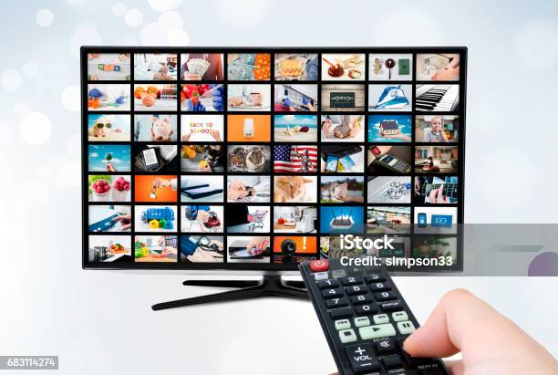 Widescreen Ultra High Definition Tv Screen With Video Broadcast Stock Photo - Download Image Now