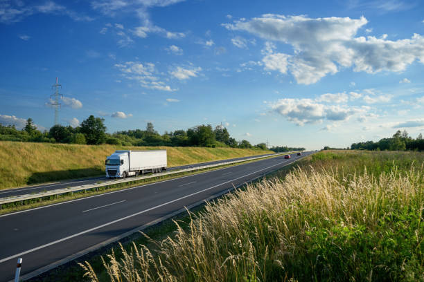 istock Asphalt highway with a moving white truck between meadows 683114544