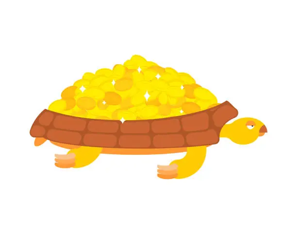 Vector illustration of Golden Turtle carries gold coins. Jewels on a shell