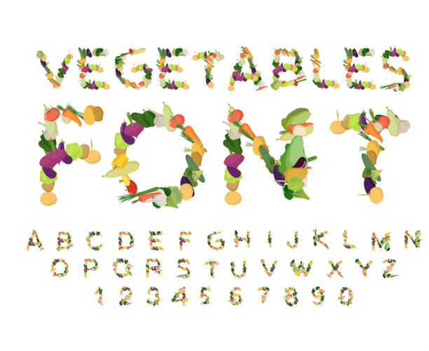 ilustrações de stock, clip art, desenhos animados e ícones de vegetarian font. alphabet of vegetables. edible letters. potatoes and carrots letters. vegan abc - letter alphabet symbol fruit