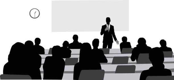 Captivating Lectures Silhouette vector illustration of a college classroom with teacher at the front and showing the back sides of students sitting in class. shadow team business business person stock illustrations