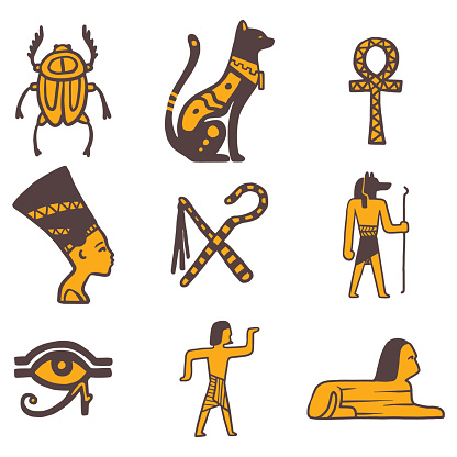 Egypt travel history icons and sybols hand drawn design traditional hieroglyph vector illustration style pharaohs pyramid. Archaeology sign antique ancient monument amulet mythology decor.