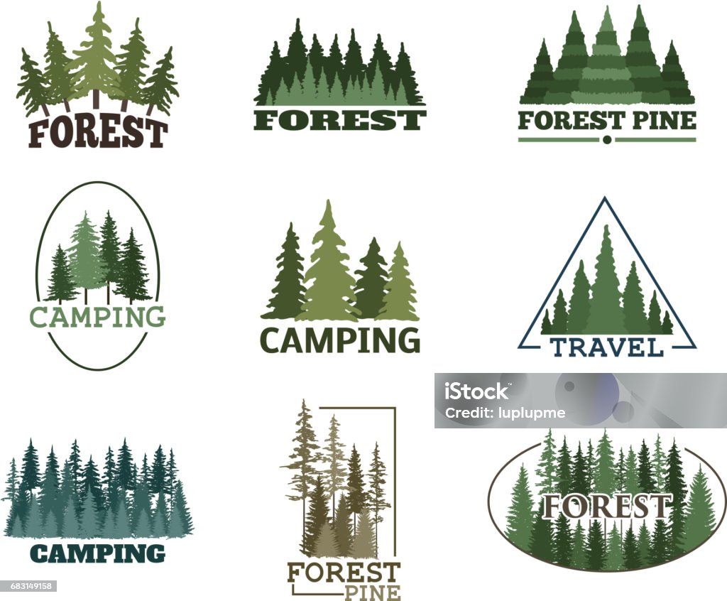 Tree outdoor travel green silhouette forest badge coniferous natural icon badge tops pine spruce vector Tree outdoor travel green silhouette forest icon coniferous natural badge tops pine spruce branch cedar and plant leaf abstract stem drawing vector illustration. Panorama scene horizon decoration. Pine Tree stock vector