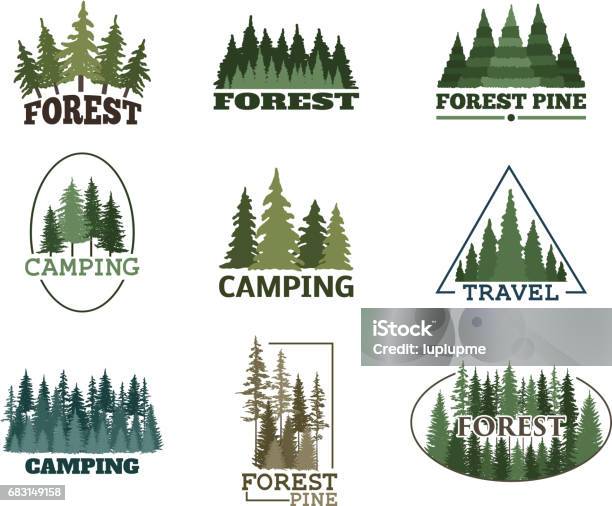 Tree Outdoor Travel Green Silhouette Forest Badge Coniferous Natural Icon Badge Tops Pine Spruce Vector Stock Illustration - Download Image Now