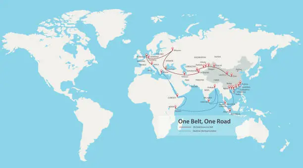 Vector illustration of One Belt, One Road, Chinese strategic investment in the 21st century map