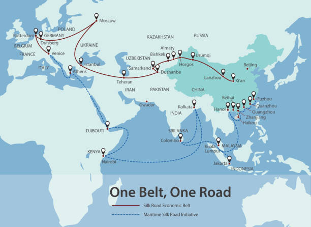 One Belt, One Road, Chinese strategic investment in the 21st century map One Belt, One Road, Chinese strategic investment in the 21st century chart map, vector belt stock illustrations