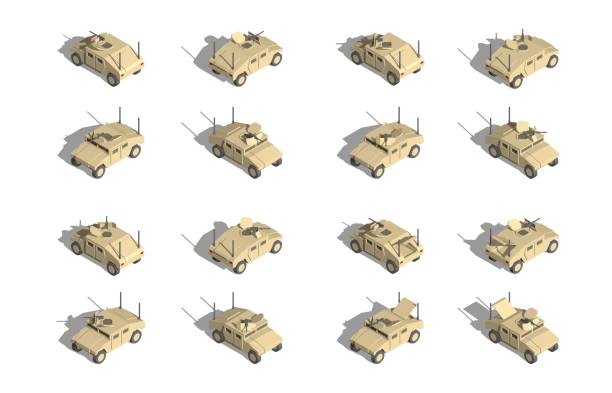 militärischer transport isometrischer vektor. leichte nutzfahrzeuge mit maschinengewehr. - militärisches landfahrzeug stock-grafiken, -clipart, -cartoons und -symbole