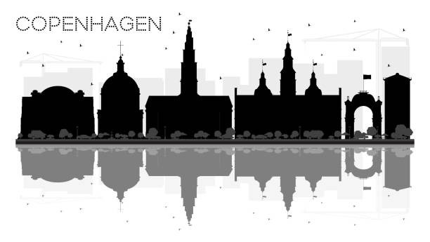 bildbanksillustrationer, clip art samt tecknat material och ikoner med köpenhamn city skyline svartvit siluett med reflektioner. - copenhagen business