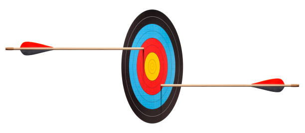 Two arrows hit target. Prospective illusion. Two arrows hit target on a white background. Prospective illusion. Image made ​​using two at native resolution. illusion stock pictures, royalty-free photos & images