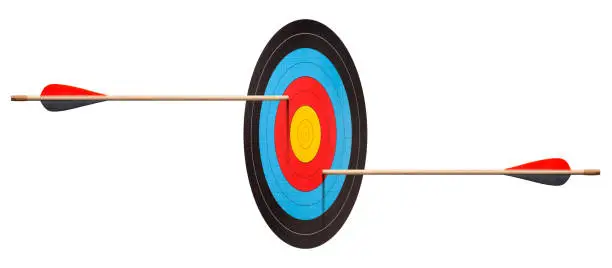 Two arrows hit target on a white background. Prospective illusion. Image made ​​using two at native resolution.