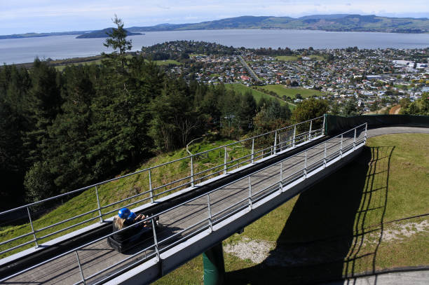 Woman ride on Skyline Rotorua Luge Rotorua: Woman rides on the Skyline Rotorua Luge. Skyline Luge is a gravity fuelled fun ride. Invented in New Zealand in 1985, and having hosted over 30 million rides worldwide. rotorua luge stock pictures, royalty-free photos & images