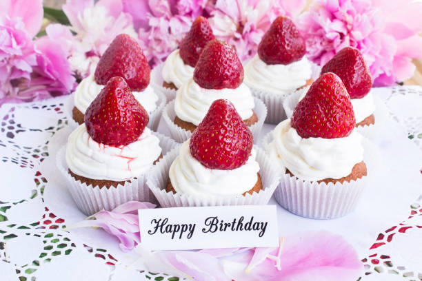 Happy Birthday Card with Strawberries Cupcakes on Paper Lace.