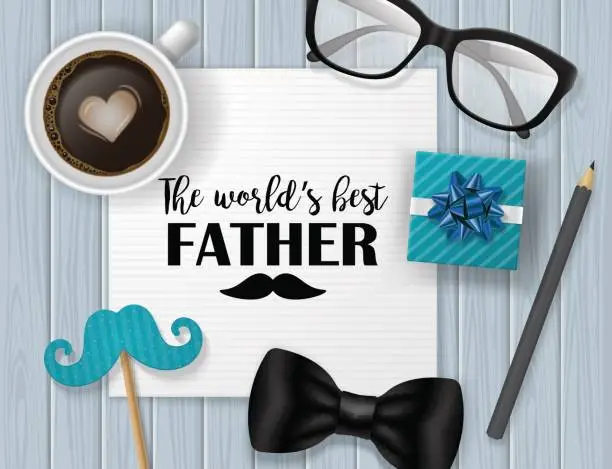 Vector illustration of Fathers day banner design with lettering, coffee cup and paper note. Flat lay style