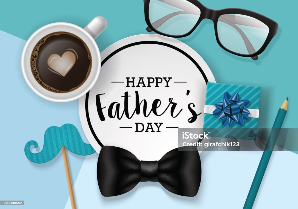 Fathers day banner design with lettering, coffee cup and paper note. Flat lay style Father's Day stock vector