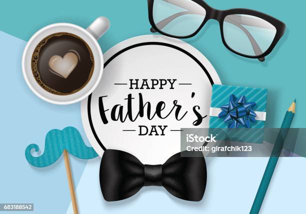 Fathers Day Banner Design With Lettering Coffee Cup And Paper Note Flat Lay Style Stock Illustration - Download Image Now