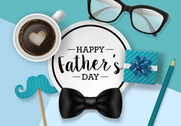 Vector illustration of Fathers day banner design with lettering, coffee cup and paper note. Flat lay style