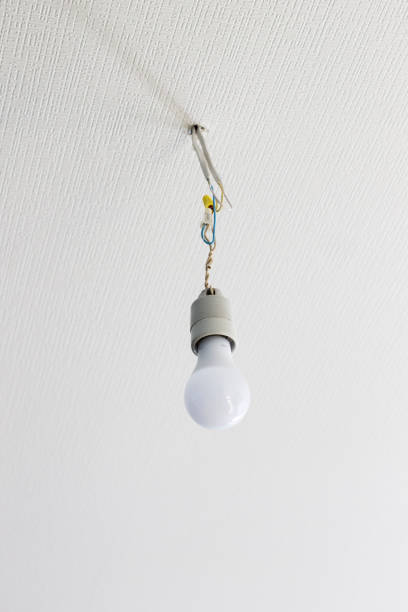 istock white bulb hanging from the white ceiling on wires 683198828