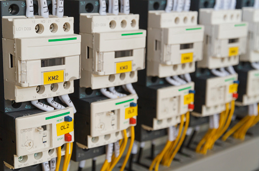 Close-up electrical wiring with fuses and contactors, Electronic equipment for automatic machines.