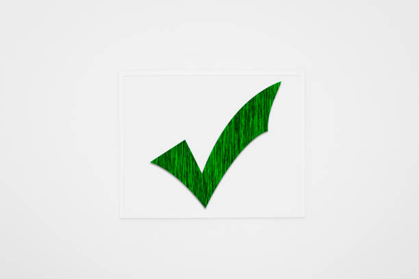 Painting with green checkmark on white wall. Concept of confirmation, voting and approved art.