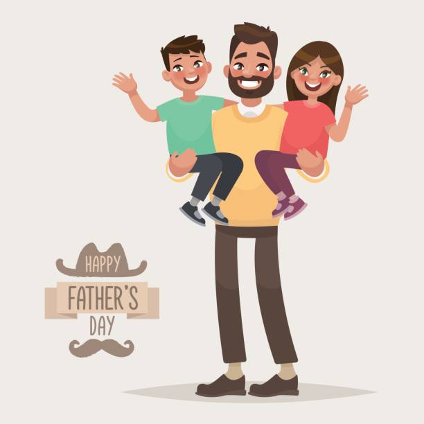 ilustrações de stock, clip art, desenhos animados e ícones de happy father's day. dad with his son and daughter in his arms. greeting card for the holiday - father and daughter