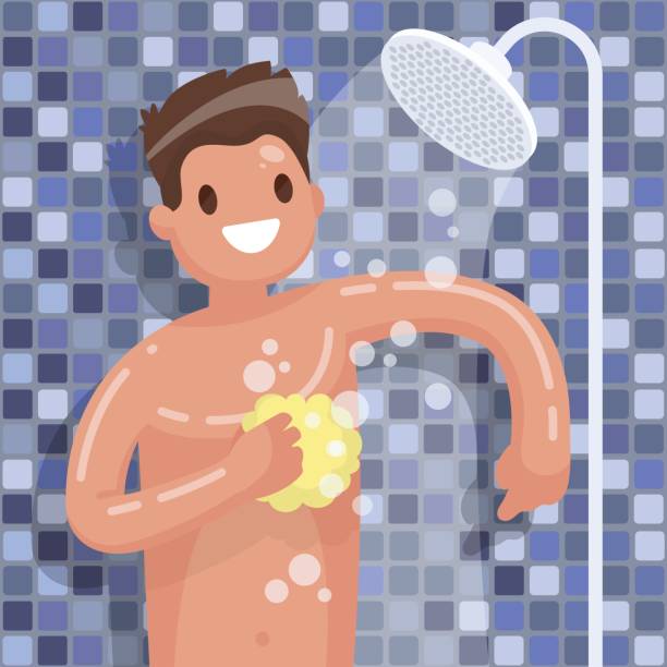 illustrations, cliparts, dessins animés et icônes de мужичок принимает душ - men naked water male