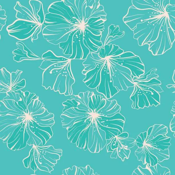 Vector illustration of Seamless pattern beige flowers in one paint on a green background