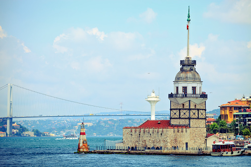 Istanbul, Turkey - Jun 13, 2011: Small boat view with Maiden's Tower in Istanbul, It's one of the symbols of Turkey and there is a part of the Bosphorus at the background with people. Some of people visits the restaurant in tower.