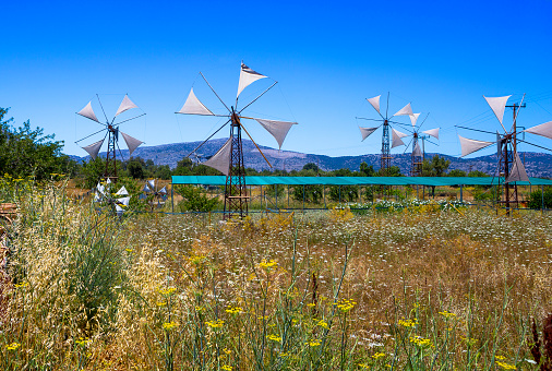 Old windmills on the Lassithi Plateau on Crete, Greece