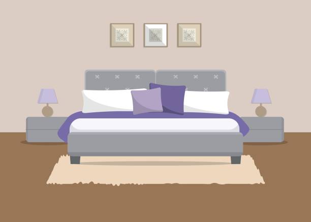 ilustraciones, imágenes clip art, dibujos animados e iconos de stock de dormitorio en color beige - bedding cushion purple pillow