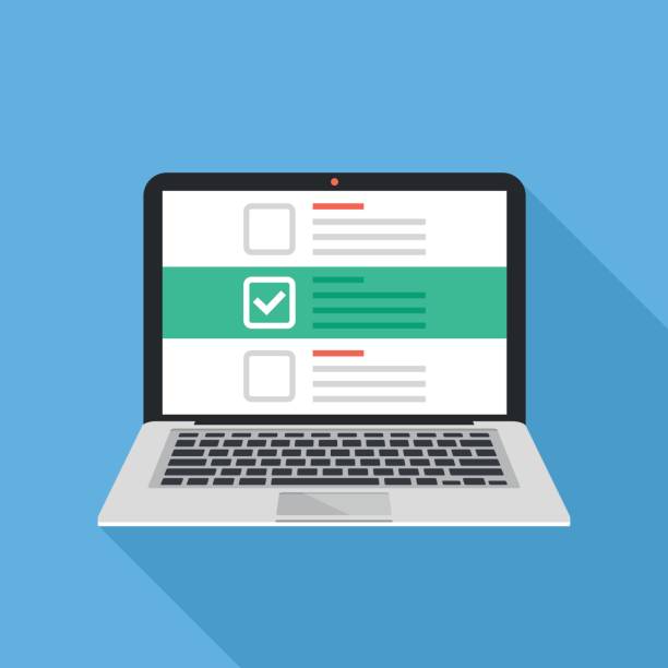 Laptop and checkboxes with check mark. Checklist, white tick on laptop screen. Choice, survey concepts. Modern flat design vector illustration Laptop and checkboxes with check mark. Checklist, white tick on laptop screen. Choice, survey concepts. Modern flat design graphic elements for web banners, websites, infographics. Vector illustration cartoon of conclusion stock illustrations