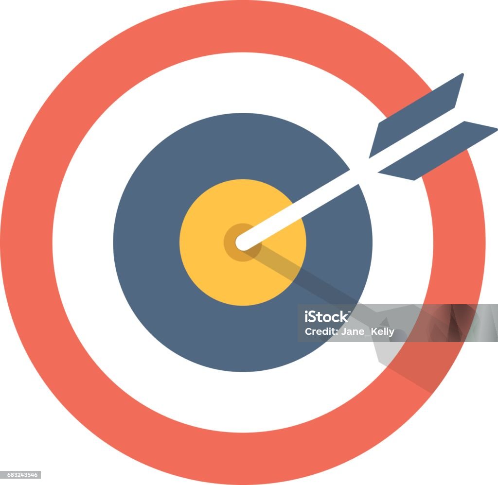 Icona di destinazione e freccia. Simbolo del Bullseye. Illustrazione grafica di design piatto moderno. Icona della destinazione vettoriale e della freccia - arte vettoriale royalty-free di Tiro al bersaglio