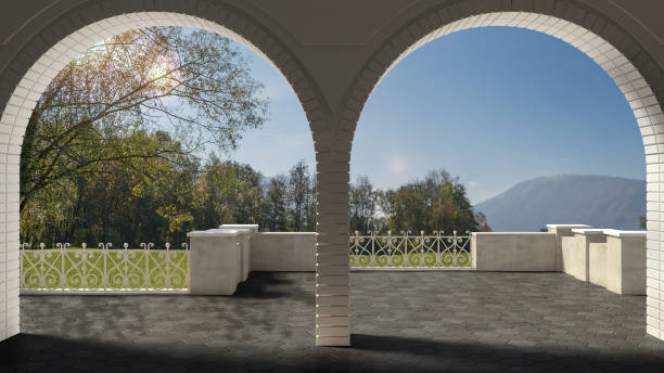 istock Empty classic terrace with forged iron railing and sandstone arch, garden meadow panorama 683250780