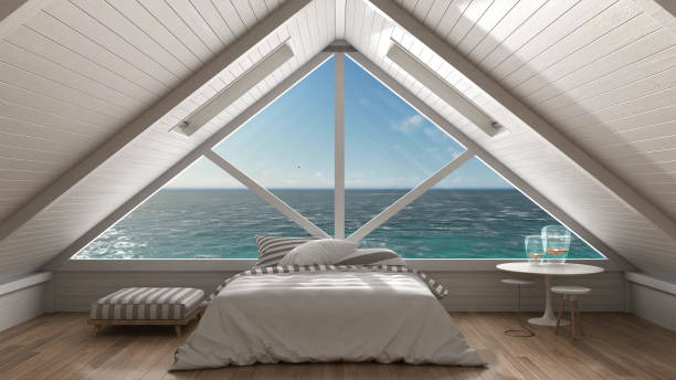 istock Panoramic window on open sea ocean, mezzanine loft, bedroom with relaxing double bed, minimalist scandinavian interior design 683251386