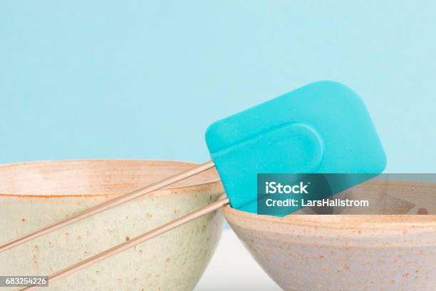 Kitchen Bowl And Dough Scraper Stock Photo - Download Image Now - Rubber Spatula, Backgrounds, Baking