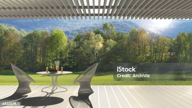 Minimalist Modern Terrace With Relax Area Armchairs And Table For Breakfast Panoramic Garden Meadow Stock Photo - Download Image Now