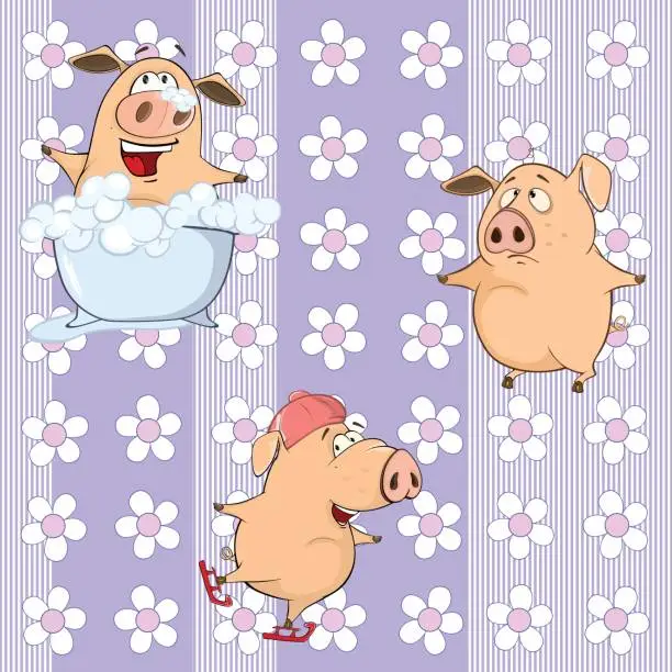 Vector illustration of Cheerful pigs on striped background with flowers