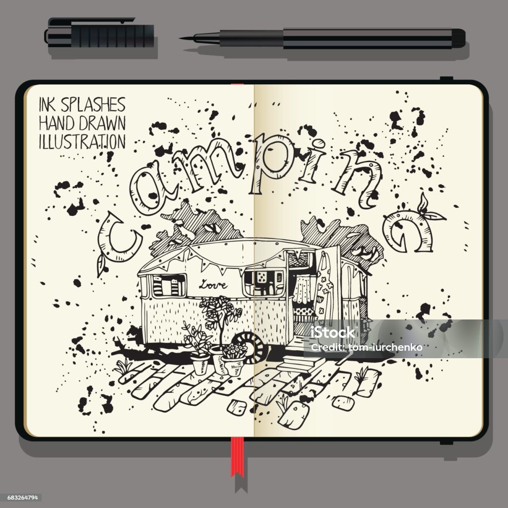 Camping Car. Travel and Recreation Time Concept. Vector Notebooks with Fine Liner Pen and Hand Drawn Doodles. Retro Style stock vector