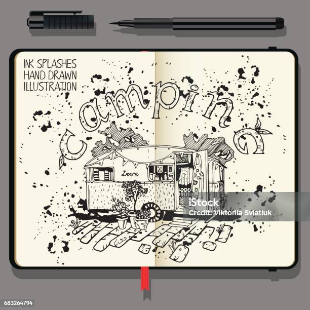 Camping Car Travel And Recreation Time Concept Vector Notebooks With Fine Liner Pen And Hand Drawn Doodles Stock Illustration - Download Image Now
