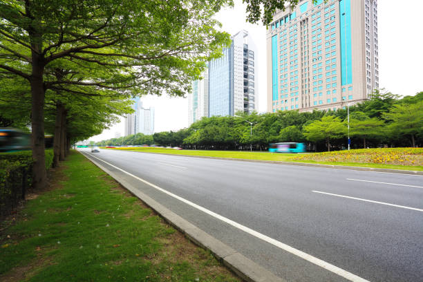 istock Empty road surface floor freeway with modern city buildings backgrounds 683268280