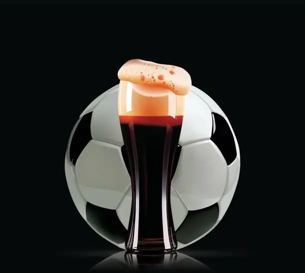 Vector illustration of Elegant beer glass and soccer ball. Photo-realistic vector illustration of dark beer and football on black background.