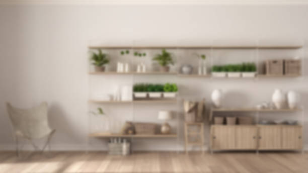 istock Blur background interior design, eco interior design with wooden bookshelf, vertical garden storage shelving, living, lounge relax area with armchairs 683268952