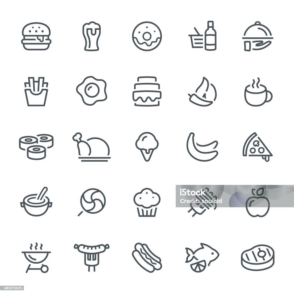 Food Icons Food, restaurant, icons, pizza, strip steak, seafood, icon set French Fries stock vector