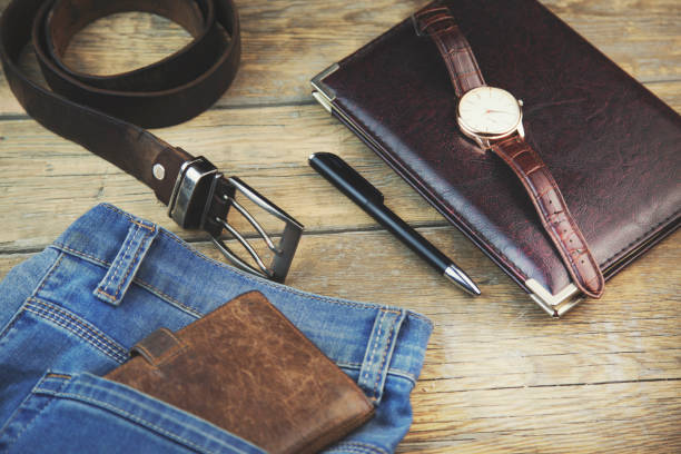 istock Man different elegant  accessories on wooden background 683274660