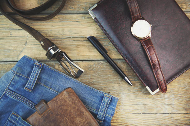 istock Man different elegant  accessories on wooden background 683274728