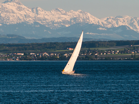 Sailing boat on lake constance with Swiss Alps in background
