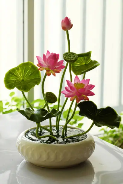 Art and craft product from craftsmanship, pink lotus flower pot from clay art, beautiful handmade for decoration