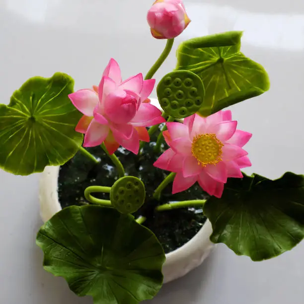 Art and craft product from craftsmanship, pink lotus flower pot from clay art, beautiful handmade for decoration